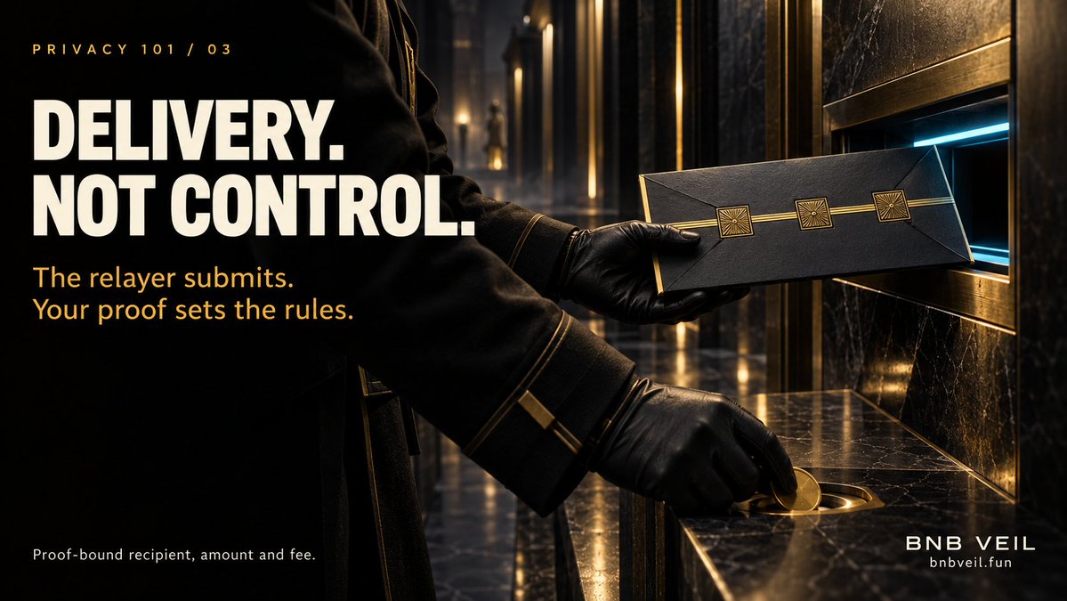 BNBVeil's tweet photo. Privacy 101 #3: Why doesn't your wallet send the transaction?

Because the sender is the loudest clue on-chain.

Say you withdraw from the privacy pool with a perfect zero-knowledge proof, but you submit it from your own wallet. Now the transaction shows your address paying the gas. Every bit of privacy the proof created, undone by one signature.

So on BNB Veil, a relayer submits it for you:
1. Your browser builds the zero-knowledge proof
2. It hands the proof to the relayer
3. The relayer sends the transaction and pays the gas
4. A small fee (0.3%) is taken from the withdrawn amount, never from your wallet

On-chain, you see the relayer, the pool and a fresh one-time address. Your main wallet is nowhere.

"Can the relayer steal or redirect my funds?"
No. The proof is bound to the exact recipient, amount and fee. If the relayer changes anything, the proof fails and the transaction reverts. The relayer can only deliver exactly what you signed off on, or nothing.

"What about timing?"
You can add an optional ~10-minute delay, so your withdrawal doesn't land right after you click.

The relayer is a courier that can't open the envelope.

Open source, verified on BscScan:
🔗 https://t.co/ZPU7E18H3r

Next up: what the ASP does, and why BNB Veil is not a mixer.

🌐 https://t.co/EUQx2SXjGp