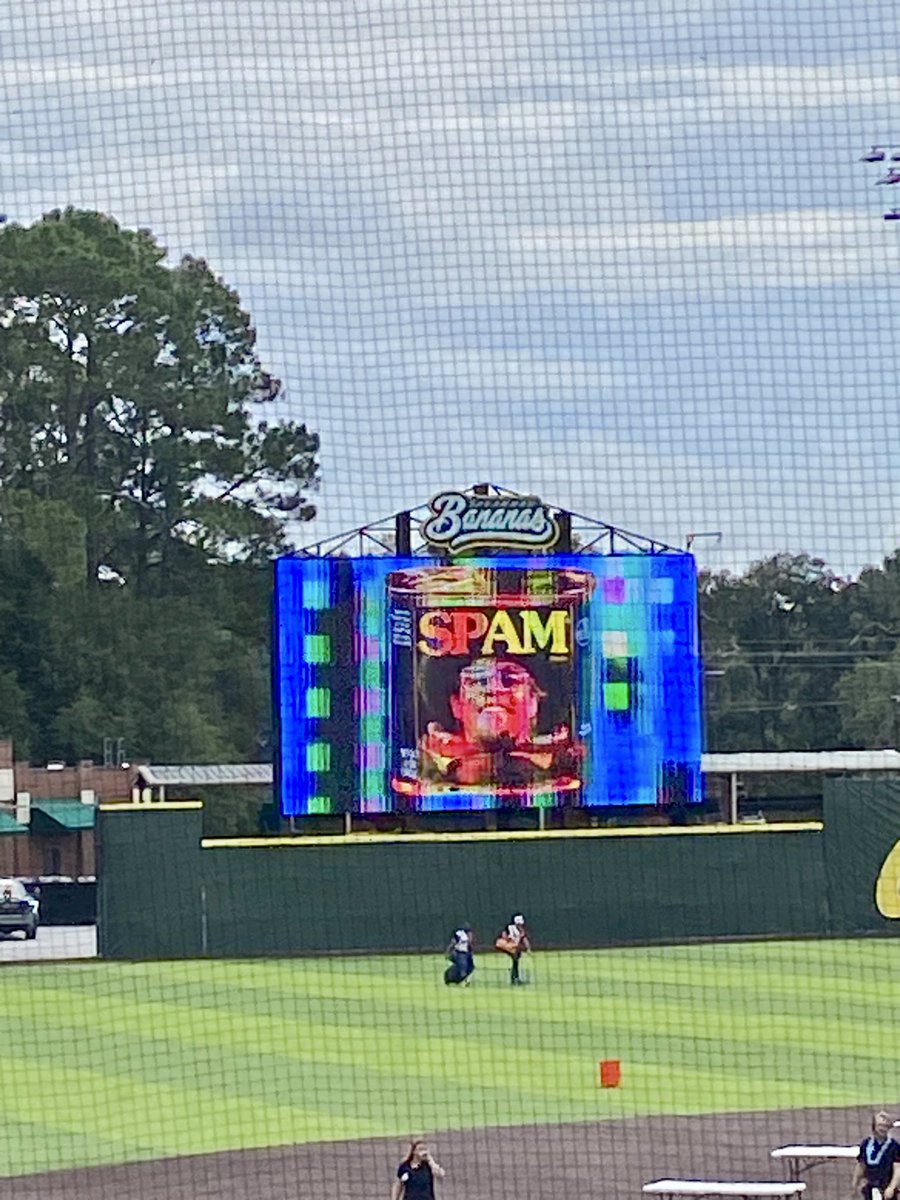 postcrunk's tweet photo. at the savannah bananas game. they’re holding up a baby in a potato costume and chanting “tater tot.” shirtless men are eating cheeseburgers from out of each other’s armpits. “cotton eye joe” played 7 times. https://t.co/GhYq5ZrNMZ