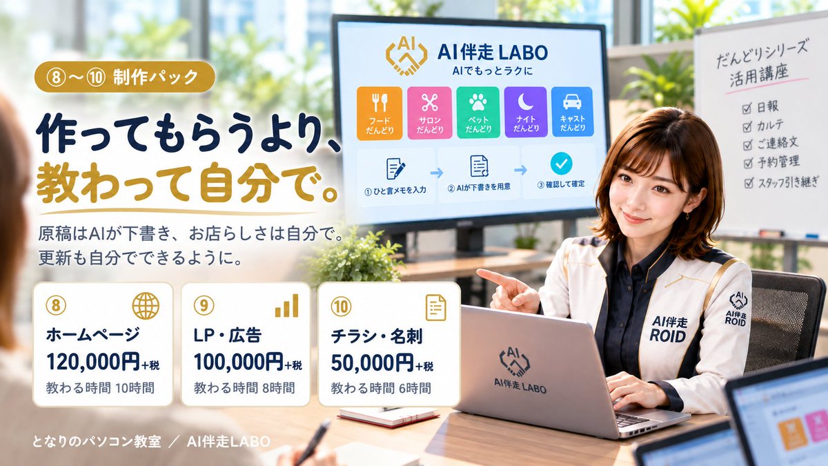 AILABOdx's tweet photo. ホームページ・LP・チラシを「作ってもらう」のではなく「教わって自分で作る」パック。
原稿はAIが下書き、お店らしさは自分で足す。更新も自分でできるように。
HP12万円・LP10万円・チラシ5万円（税抜）
https://t.co/gEsrN9tgIq https://t.co/kzYdai3pLx