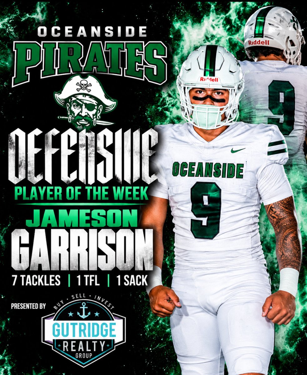 Daygofootball's tweet photo. 🚨 DEFENSIVE PLAYER OF THE WEEK 

Presented by Gutridge Realty 
@aarongutridge 

@JamesonGarriso was DOMINANT against San Marcos ! 💥 The Pirate standout put together a monster performance with 7 tackles, 1 TFL and 1 sack leading the Pirate comeback win from his Linebacker Position . 

Congrats Jameson !
