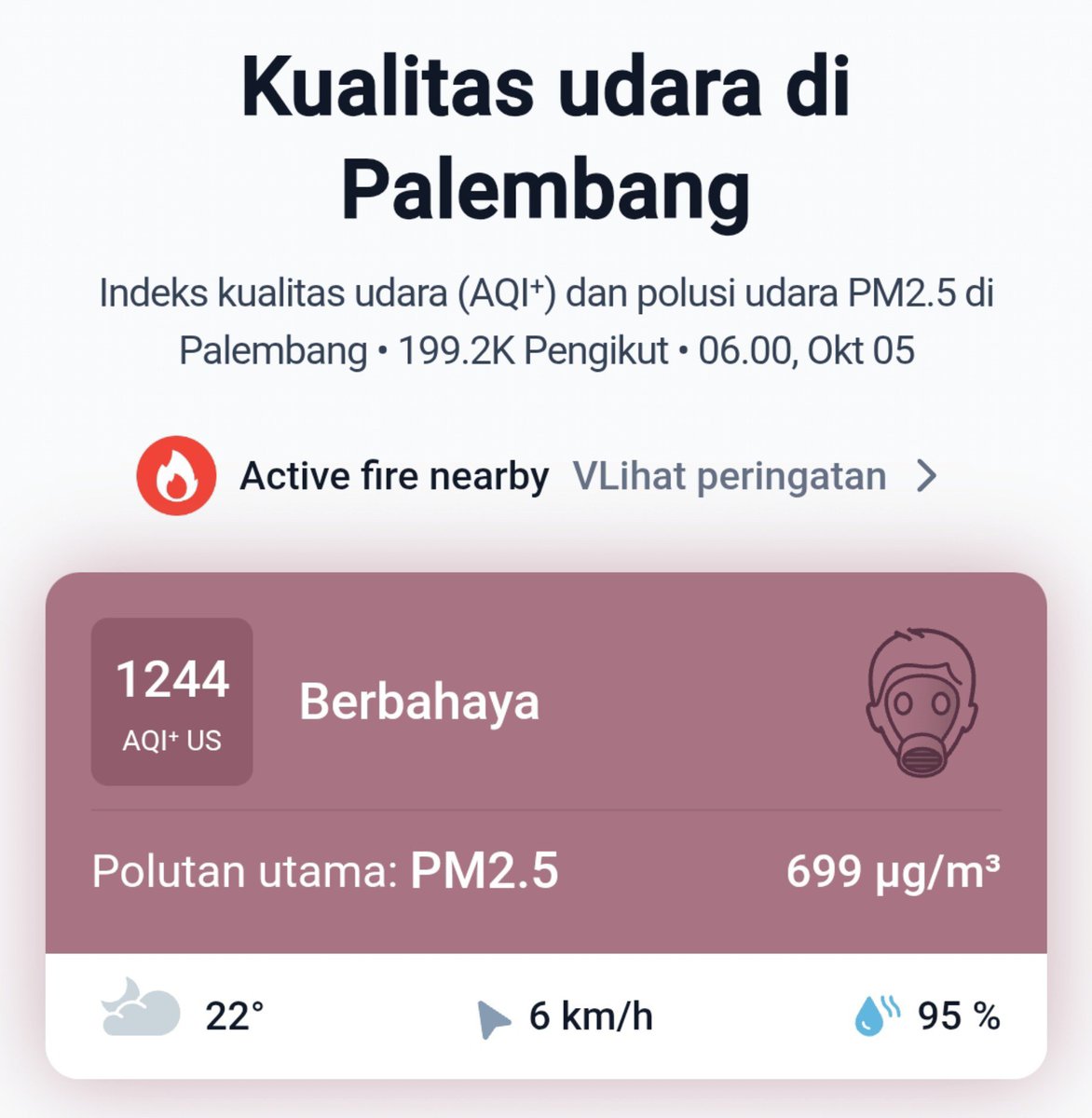 winkwon's tweet photo. Update AQI kota palembang 1244!
Astaghfirullahaladzim 😭😭
Tolong kami 😭
PALEMBANG DARURAT KABUT ASAP
SAVEPALEMBANG
#PRAYFORPALEMBANG https://t.co/esGe0UV22B