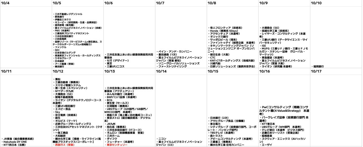 syukatsukame's tweet photo. 10/5更新
【28卒：インターン・本選考締切カレンダー】

締切更新しました！前回のカレンダーから更新した企業は赤字で記載しています。
今日から締切ラッシュ！！9月と比べてかなり締切が多くなってきました。
ここからは時間との戦いです。ES対策はもちろんですが、同時に企業研究・面接対策・GD対策・本選考対策などやる必要があります。

毎日コツコツ頑張っていきましょう！！また、大手志望の就活生は10月に大型イベントが多数開催されるので、積極的に参加して効率よく企業研究を進めるのがおすすめです。
時間をうまく使いながら、秋冬インターン・本選考を乗り切りましょう🔥

🎯10月に開催される大型就活イベント

📍大型イベント①（対面）
PREMIUM CAREER DAY（ワンキャリア主催）

📍東京会場
参加企業：P&G Japan / 三菱UFJ銀行 / ロッテなど大手多数
↓参加予約
https://t.co/bsmWD1Mlrc

📍大阪会場
参加企業：サイバーエージェント / 日本航空（JAL） / 全日本空輸（ANA） / パナソニックグループなど大手多数
↓参加予約
https://t.co/hYnMbgdeNo

📍参加すべきイベント②（オンライン）
type就活フェス

📍参加企業
アクセンチュア、博報堂、P&Gジャパン、資生堂、ベイカレントなど大手多数

↓参加予約
https://t.co/6IYZwXqRWa

#pr