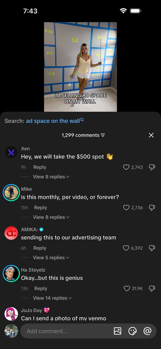extrajeez's tweet photo. TikTok girl selling ad space on her wall to pay for tuition 

the comments are going crazy to put money on the table. 

she already sold half of the spots in under 24hrs…

you can sell anything nowadays 😭 https://t.co/HHaOhWAQrQ