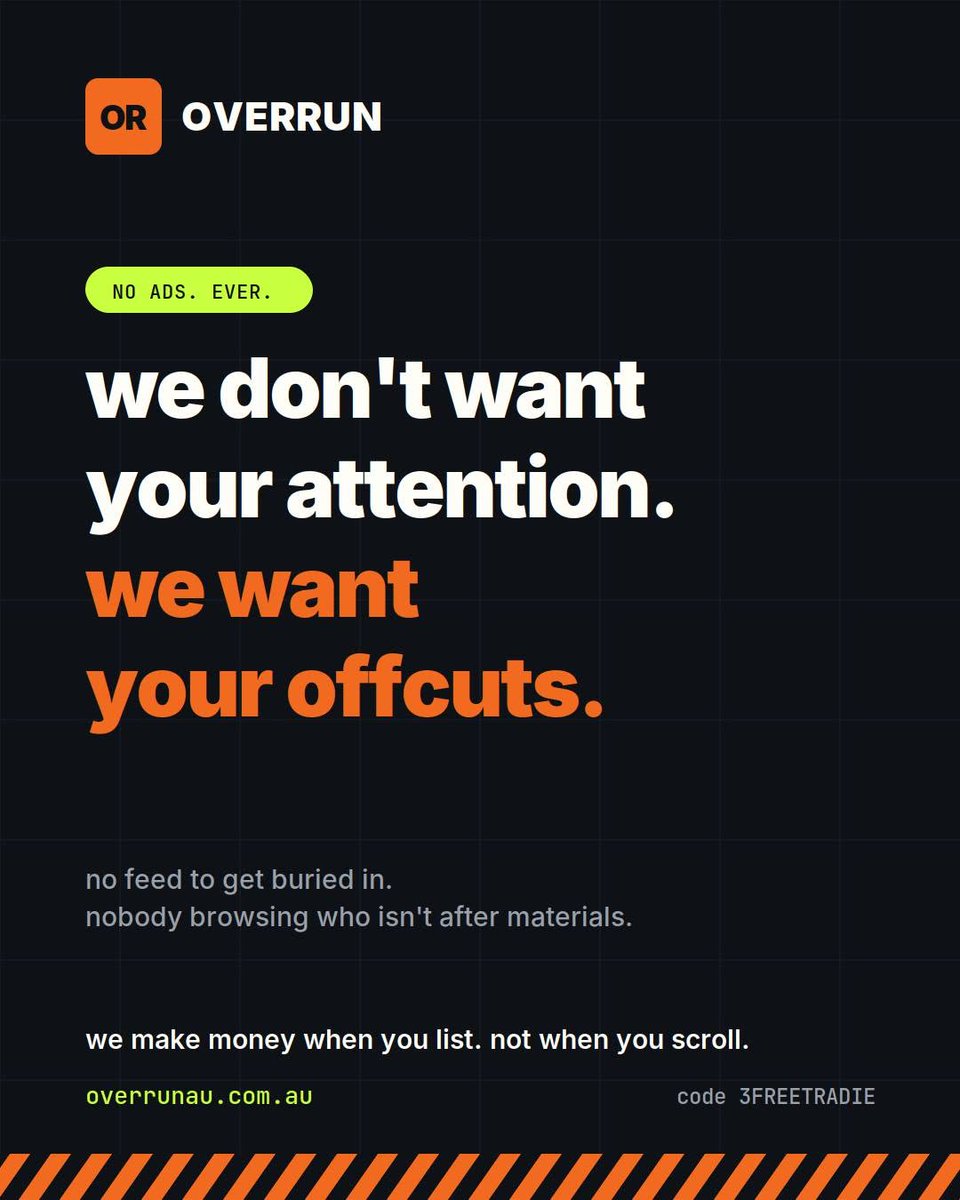 Overrunau's tweet photo. Every job leaves something behind.
A length of timber.
A sheet of ply.
A roll of insulation.
A carton of fittings that don't quite get used.
If it's surplus and it's usable, list it.
Because most of it sits in the rack until it gets dumped.
Overrun wants that stock.
No middleman. https://t.co/5nfeLvjQeF