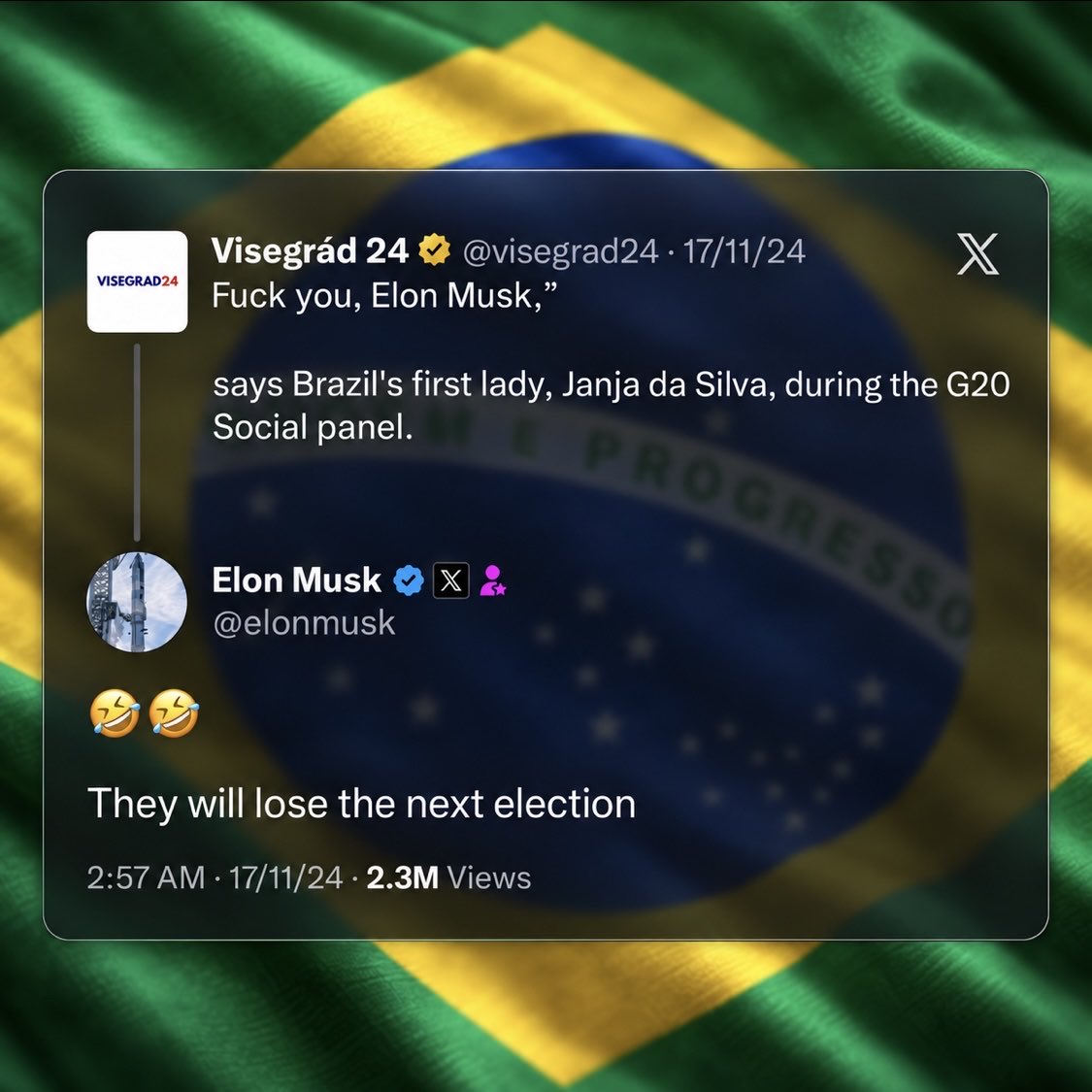 cb_doge's tweet photo. BREAKING: Elon Musk’s old prediction is aging well.

In November 2024, Brazil’s first lady insulted Elon Musk. He replied: “They will lose the next election.”

Now her husband, President Lula, is trailing Bolsonaro in first-round results, with around 90% of votes counted. https://t.co/24JTATnxCE