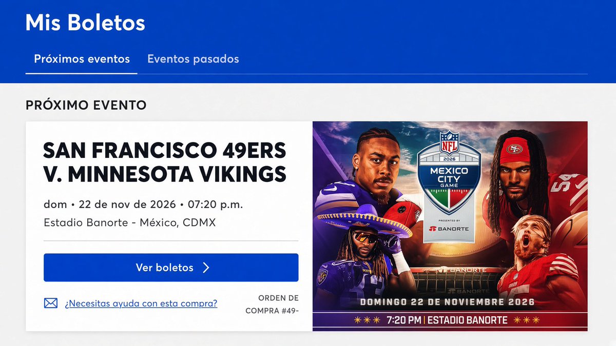 NieBrendaa's tweet photo. VENDO BOLETOS PARA NFL MÉXICO CITY GAME San Francisco 49ers vs Minnesota Vikings CDMX

Ayude a comprar unos boleto a otras personas y al tinal ya no los quisieron, solo quiero recuperar lo gastado.

Los doy al mismo precio de Ticketmaster
Info solo por mensaje directo. https://t.co/HIoA6iixUa