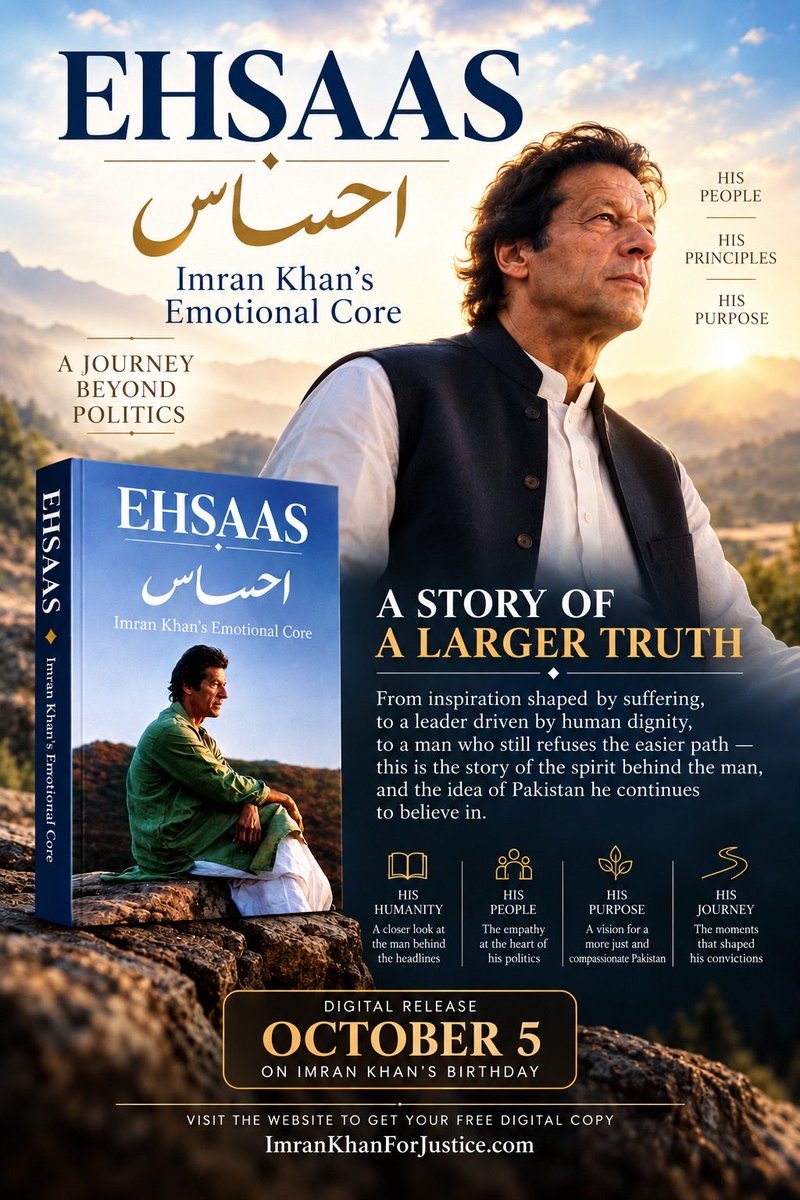 DocUsmankhan's tweet photo. Today is Imran Khan’s Birthday.

This book “Ehsas” is being released today. 
This is about Emotional Core of Imran Khan .

This book is by Project 'Imran Khan for Justice' . 
Visit the website to get your free digital copy: https://t.co/l5zRTX3qVA

The digital edition of this book is free. But the story it tells began with a gift — five rupees, pressed into a man's hand by a woman who had almost nothing — and the hospital that gift helped build still treats patients who cannot pay; more than three-quarters of them receive free care. 
If this book has moved you, we ask you to give directly to the Shaukat Khanum Memorial Cancer Hospital at https://t.co/BU5rF3PmeV, or in the UK through the Imran Khan Cancer Appeal at https://t.co/hagHodOo6g (registered charity 1000580), where, for UK taxpayers, Gift Aid adds a quarter to your gift.

This appeal is made by the authors alone; the Shaukat Khanum Memorial Trust has no connection with this book. Every donation goes directly to the hospital, and neither the authors nor the publisher receive anything.