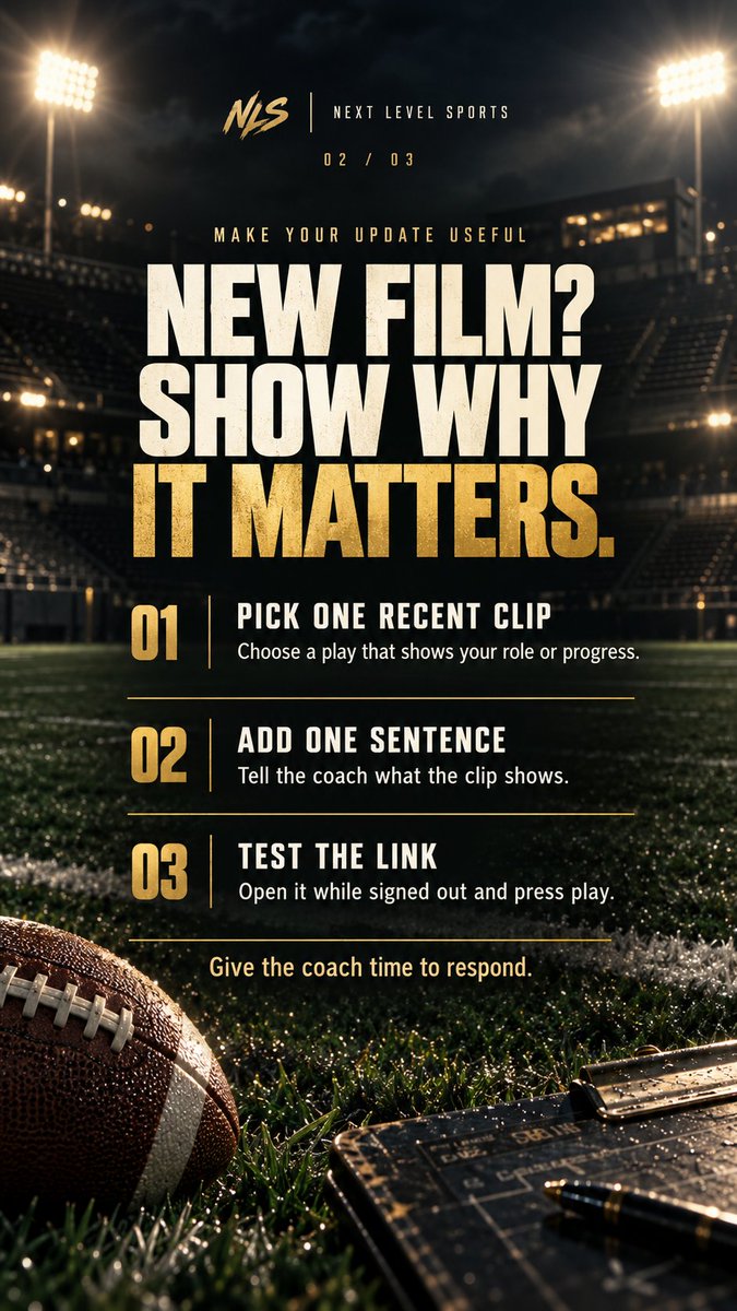 nlevelsports's tweet photo. A follow-up needs something new. Pick one recent clip that shows your role or progress, add one sentence on what it shows, and open the link signed out before you send it. Give the coach time to respond. What will you add — new film, an update, or one question?
@mosesk225 @Uorangemen2