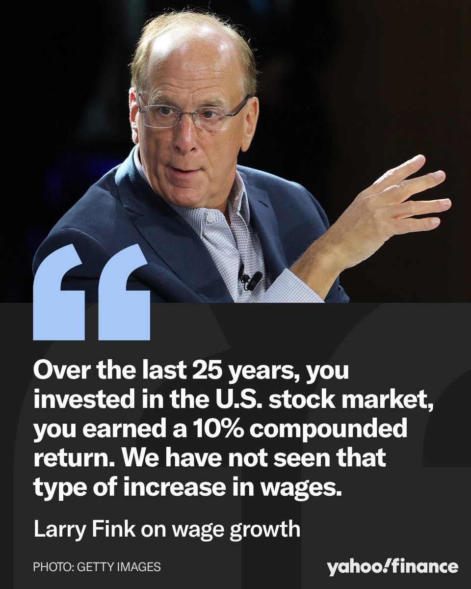 YahooFinance's tweet photo. Larry Fink has a blunt read on America's wealth gap. He says owning stocks has paid off far more than working for a paycheck.

"There is a big divide right now that those who have investment assets have done better than wages," Larry Fink said.

Read more: https://t.co/Pk0puIN2Mc https://t.co/tuJtTj8Z4N