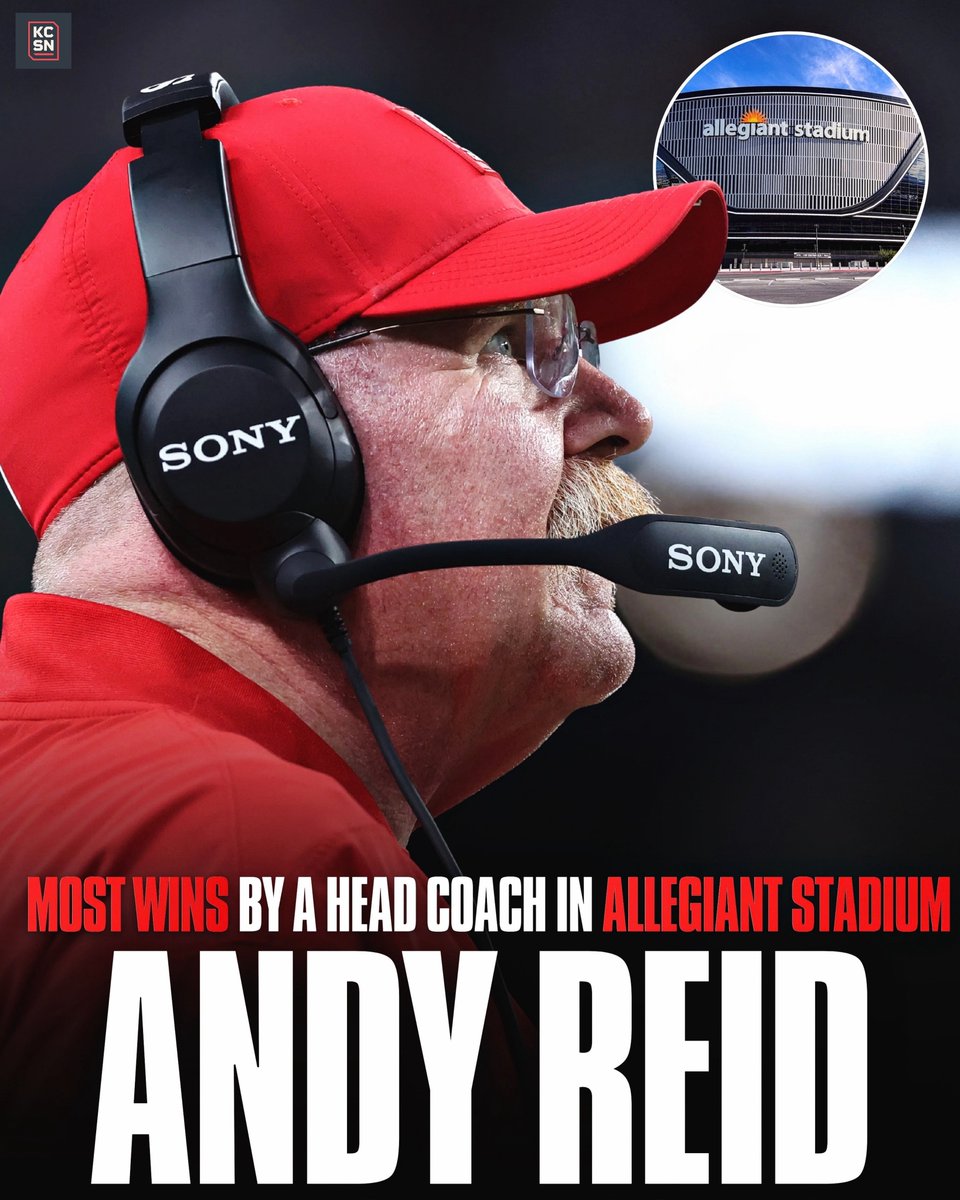 KCSportsNetwork's tweet photo. #Chiefs head coach Andy Reid now has the most wins by a head coach in Allegiant Stadium history with 7 after today’s win over the Raiders 👑 https://t.co/ui5vUnK872