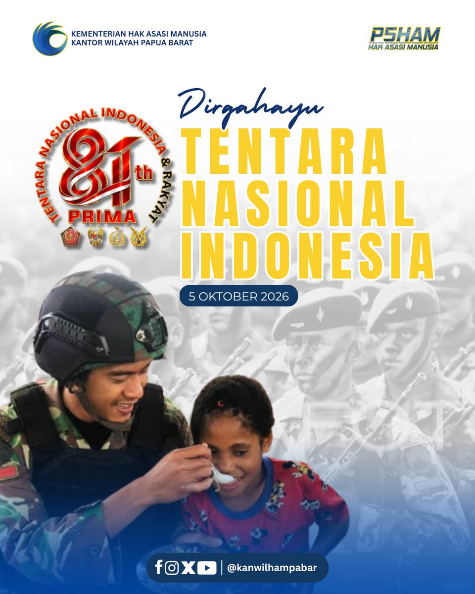 kanwilhampabar's tweet photo. Kepala Kantor Wilayah Kemenham Papua Barat beserta seluruh jajaran, mengucapkan:

DIRGAHAYU TENTARA NASIONAL INDONESIA KE-81 TAHUN

"TNI Kuat Bersama Rakyat, Indonesia Berdaulat Adil dan Makmur"

#DirgahayuTNI #HUTTNI #TentaraNasionalIndonesia #Kemenham #KanwilKemenhamPabar https://t.co/k3SV6WUjM3