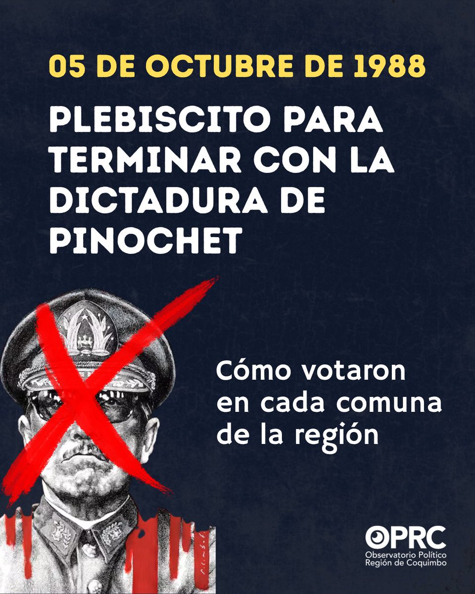 OPRCoquimbo's tweet photo. Hace 38 años, el 5 de octubre de 1988, Chile votó si el dictador Augusto Pinochet seguía en el poder. Ganó el No, con cerca del 56% a nivel nacional. Desde entonces hubo tres plebiscitos más.

Así votaron las 15 comunas de la Región de Coquimbo 👉 https://t.co/HTm8FXaWH0