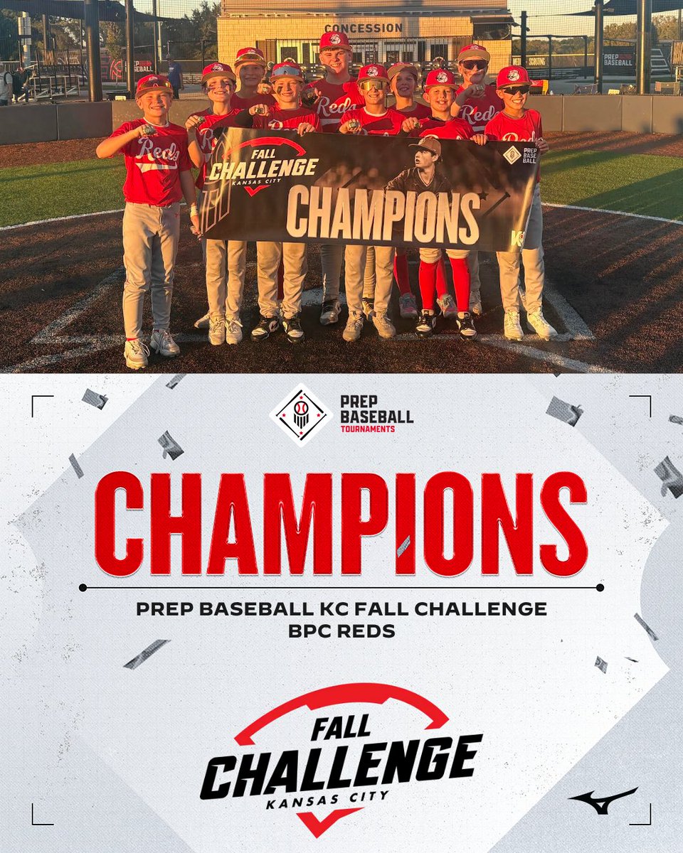 PBTKansasCity's tweet photo. πCHAMPIONSπ
Congratulations to the 2026 Prep Baseball KC Fall Challenge 12u (D1/D2) Champions, BPC Reds!
#PrepBaseballKC | #KCFallChallenge https://t.co/FQ5g7JHKM5