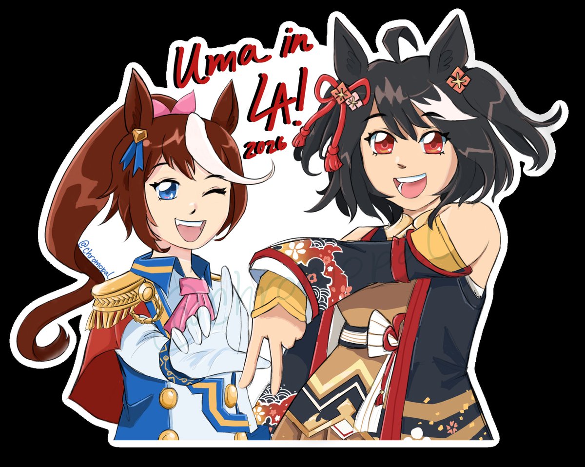chromopal's tweet photo. finished my freebie sticker design for the umamusume 7th live concert in LA! getting them manufactured soon 💓💓💓 ill be going both days so ill try to spread out the amt of freebies between them ! 

[plus a bonus pic of my art models✨️]

#umamusume #tokaiteio #kitasanblack https://t.co/FDoPmER5cD