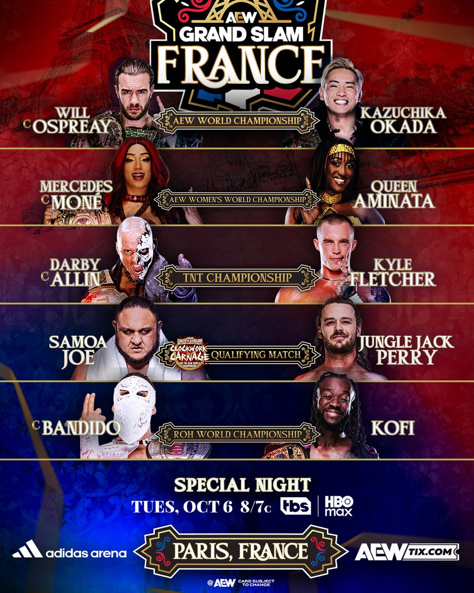 AEW's tweet photo. For the first time ever, AEW is heading to Paris for #AEWGrandSlam France!

Tune in on the SPECIAL NIGHT of Tuesday, October 6, at 8e/7c on TBS &amp; HBO Max! https://t.co/iNH8Kuefrx