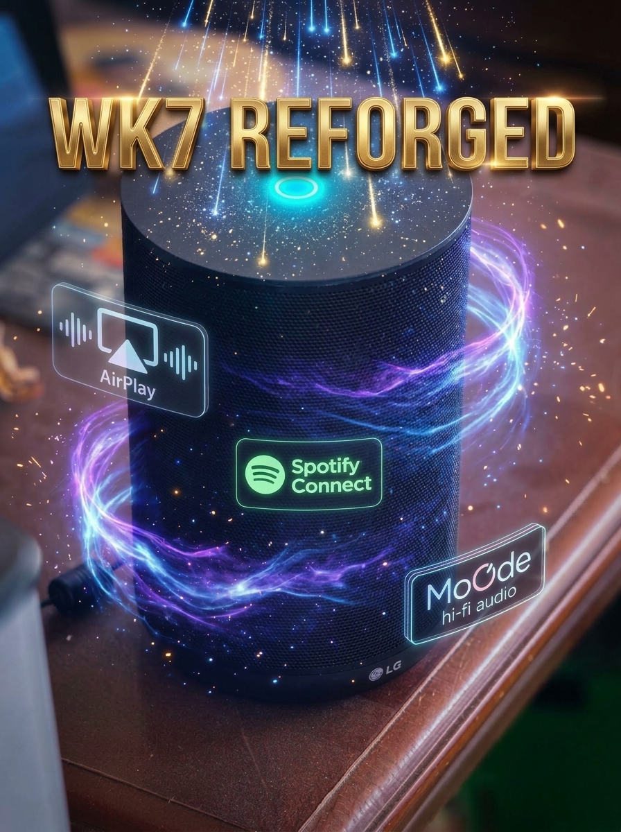KubikHorizon's tweet photo. LG WK7 speaker was bricked through drop of support... it has been REFORGED! 
GitHub repo: https://t.co/gGMnVRYODu 
(own one? DM and help us test "locked bootloader" case) https://t.co/c2fqQKKjx6