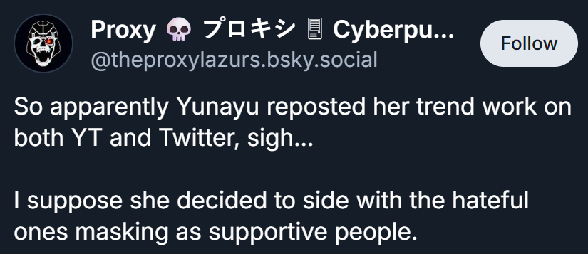 _Hero_Hei_'s tweet photo. >Bluesky: Harasses yunayu for her Malfoid art
>She brings her art back only on Twitter and YouTube
>She deletes her Bluesky account
>Bluesky: "She's siding with the hateful ones"

They really do have 0 self awareness over there. https://t.co/e6Dcxc86wU