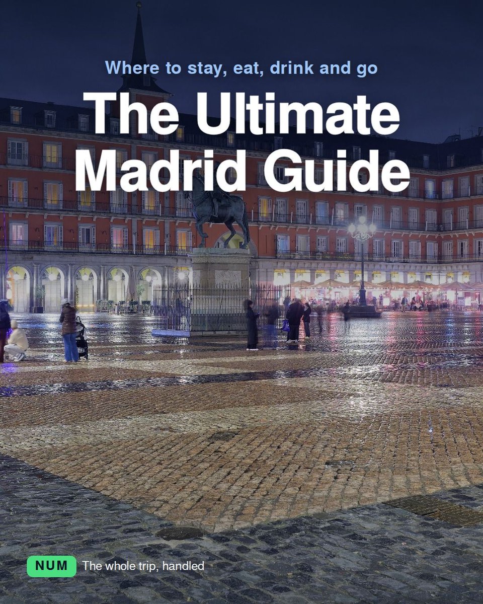 harroitsnum's tweet photo. The Ultimate Madrid Guide, saved in one place.

Stay, eat, do, drinks. Every spot open and bookable as of Sep 2026.

Tell NUM the dates and the chat plans the rest.

#Madrid #MadridTravel #TravelPlanning #NUM https://t.co/JaGvsdVUHv