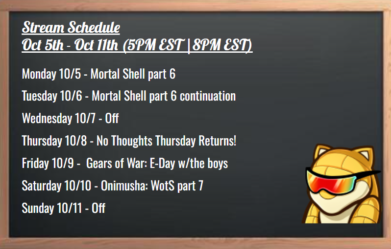 SimonTheShrew's tweet photo. Schedule's up!

Still rockin the shell, some Gears with the boys, more slicing and dicing in japan, and the return of No Thoughts Thursday! 😎
#streamschedule
https://t.co/qDuSeAzala https://t.co/EyPHjDc3VN