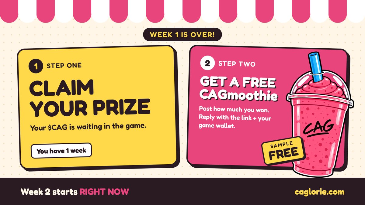 thetickeriscag's tweet photo. 🏆 WEEK 1 IS DONE 🏆
CAG eat very good this week. Now YOUR turn: go claim your $CAG prize! 💰

🎁 Want a FREE CAGmoothie? 🥤
- Make a post of how much you won this week
- Drop your post link + game wallet below
- We send you a CAGmoothie

⏳ You have 1 week to claim your prize. Don't miss it!

🔥 Week 2 starts NOW. New week, new prize pool🔥

Feed CAG → Win $CAG 🍙
👉 https://t.co/ZExt5fepgh