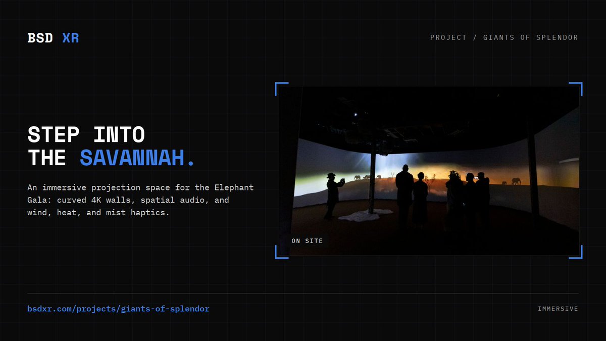 BitSpaceDevelop's tweet photo. For the Elephant Gala we built Giants of Splendor: curved 4K projection walls, spatial audio, and wind, heat, and mist haptics that put guests face to face with elephant families. https://t.co/rWvLd1dpWc #ImmersiveExperience https://t.co/iJG2EbdJFP
