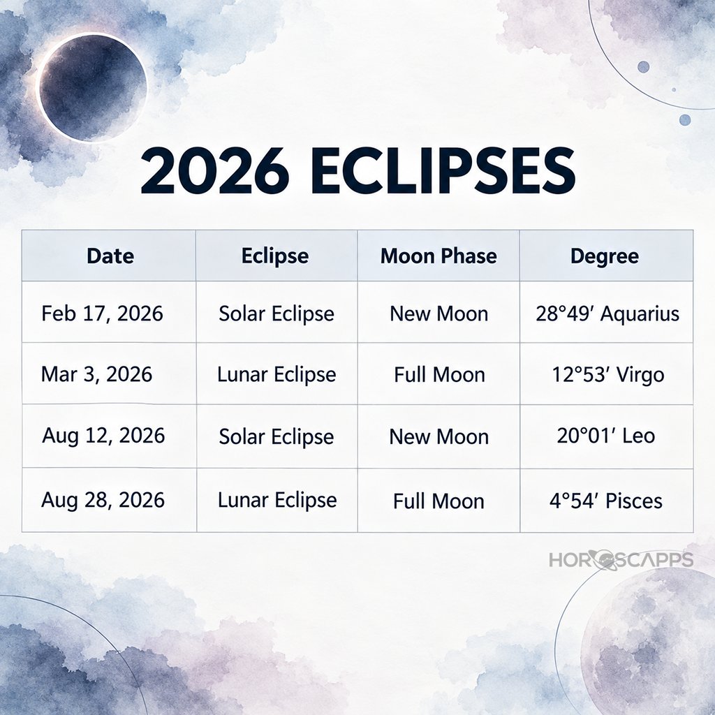 horoscapps's tweet photo. Eclipses of 2026 and 2027, with their exact zodiac degrees. A useful reference for following degrees activated by eclipses and tracking nearby transits that interact with those same degrees. https://t.co/vhL7z1NKXB