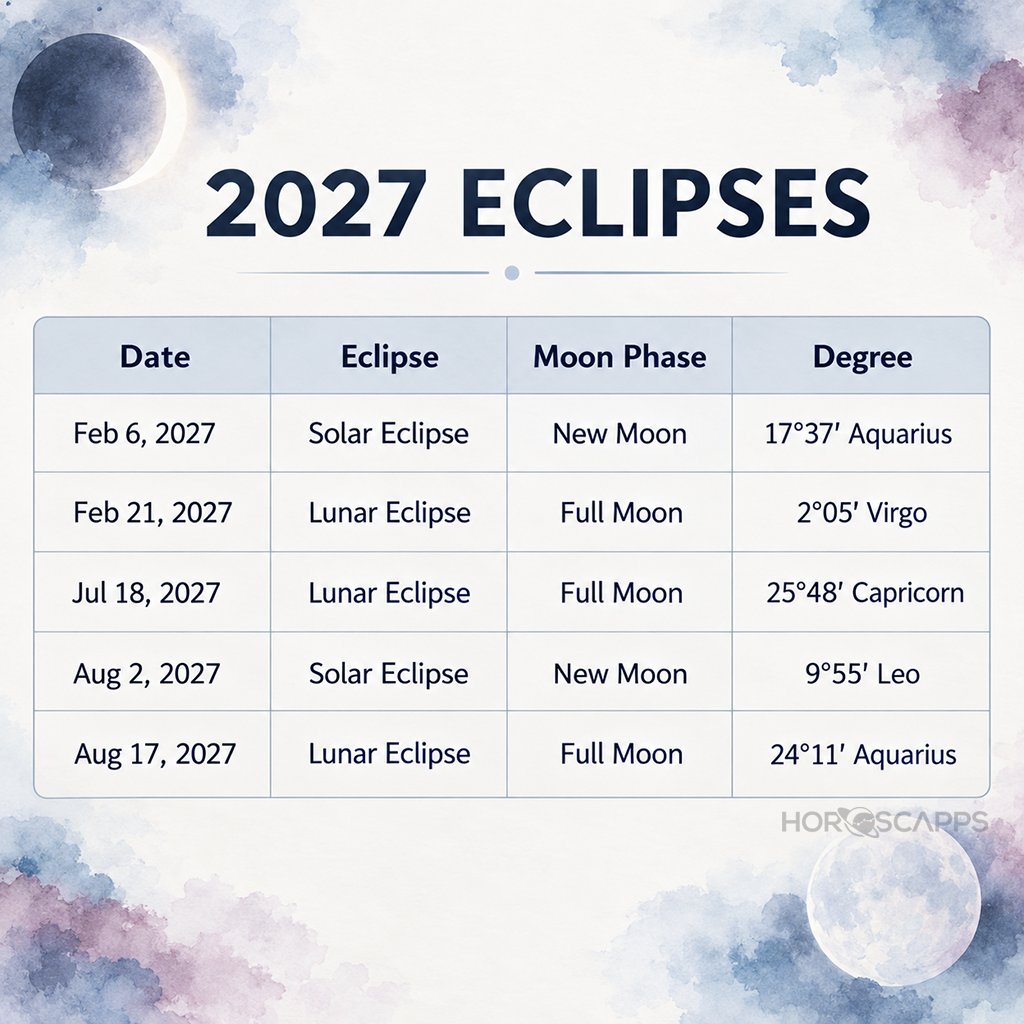 horoscapps's tweet photo. Eclipses of 2026 and 2027, with their exact zodiac degrees. A useful reference for following degrees activated by eclipses and tracking nearby transits that interact with those same degrees. https://t.co/vhL7z1NKXB