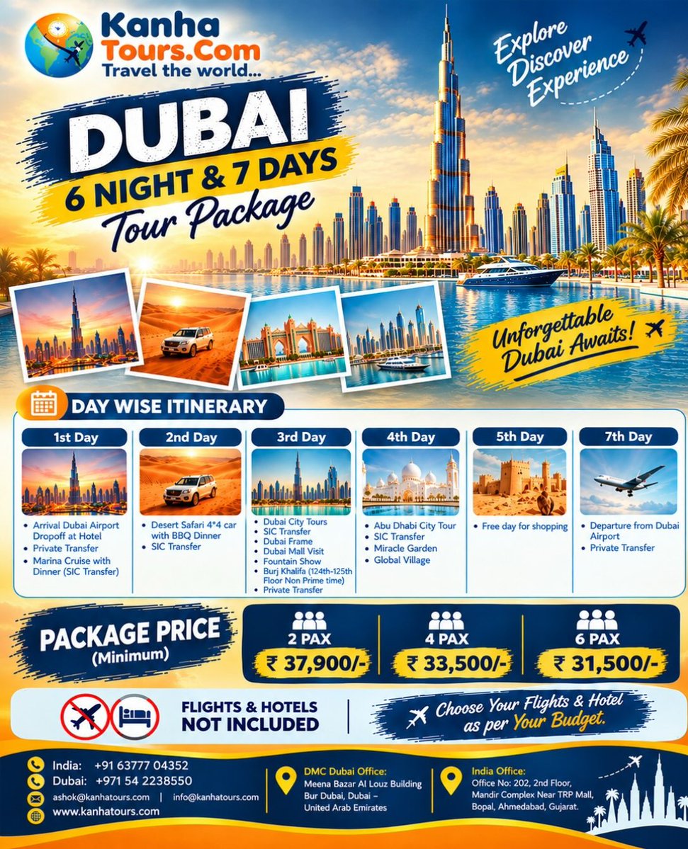DamlaErp's tweet photo. Dubai Calling! Explore Burj Khalifa, Desert Safari with BBQ, Abu Dhabi Grand Mosque, Dubai Marina Cruise and more. 6 Nights/7 Days from ₹31, 500 per person. Flights and hotels excluded. Book your Dubai holiday with Kanha Tours. https://t.co/m60suE0h5X