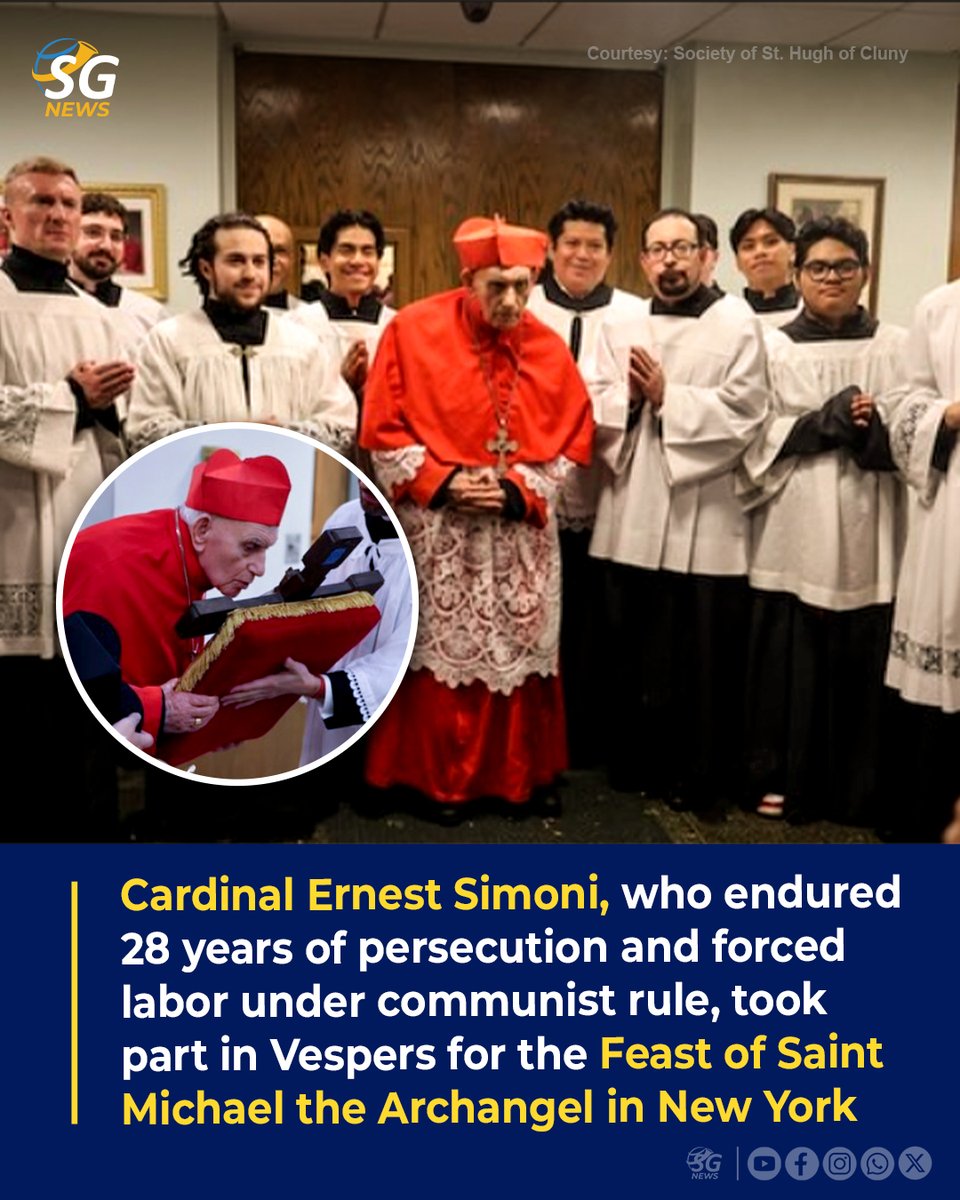 SGNews123's tweet photo. Cardinal Ernest Simoni, who endured 28 years of persecution and forced labor under communist rule, joined Solemn Vespers in New York for the Feast of Saint Michael the Archangel.
Source: @riverdalecatholic1889
#CardinalSimoni #SaintMichael #CatholicChurch https://t.co/zGjNord8nv