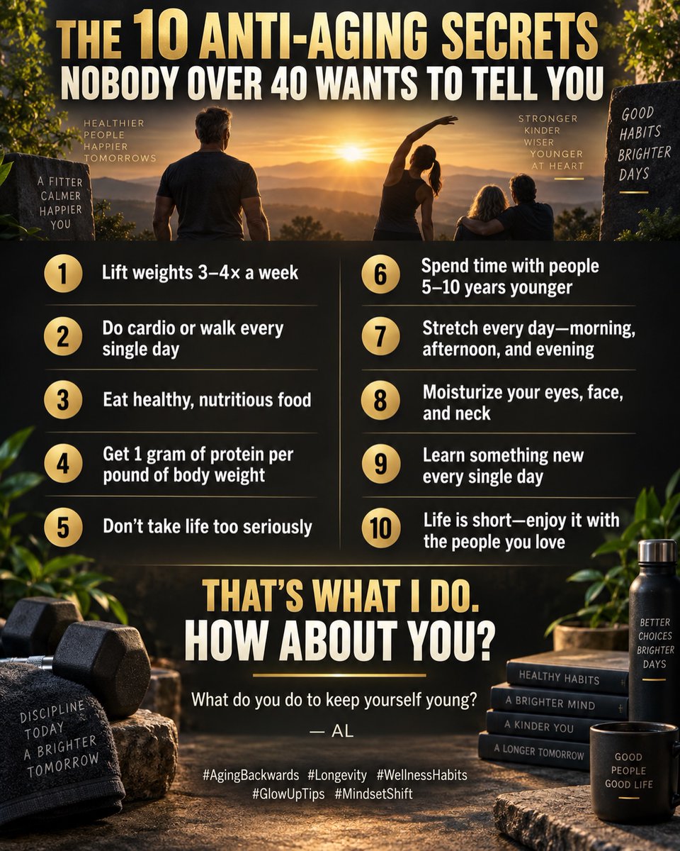 SebasLoza070's tweet photo. 10 anti-aging habits after 40
Lift weights, walk daily, eat nutrient-dense foods, prioritize protein, stretch, moisturize, keep learning, spend time with younger people, and don’t take life too seriously. Enjoy the people you love. https://t.co/1Z61ArqBjf