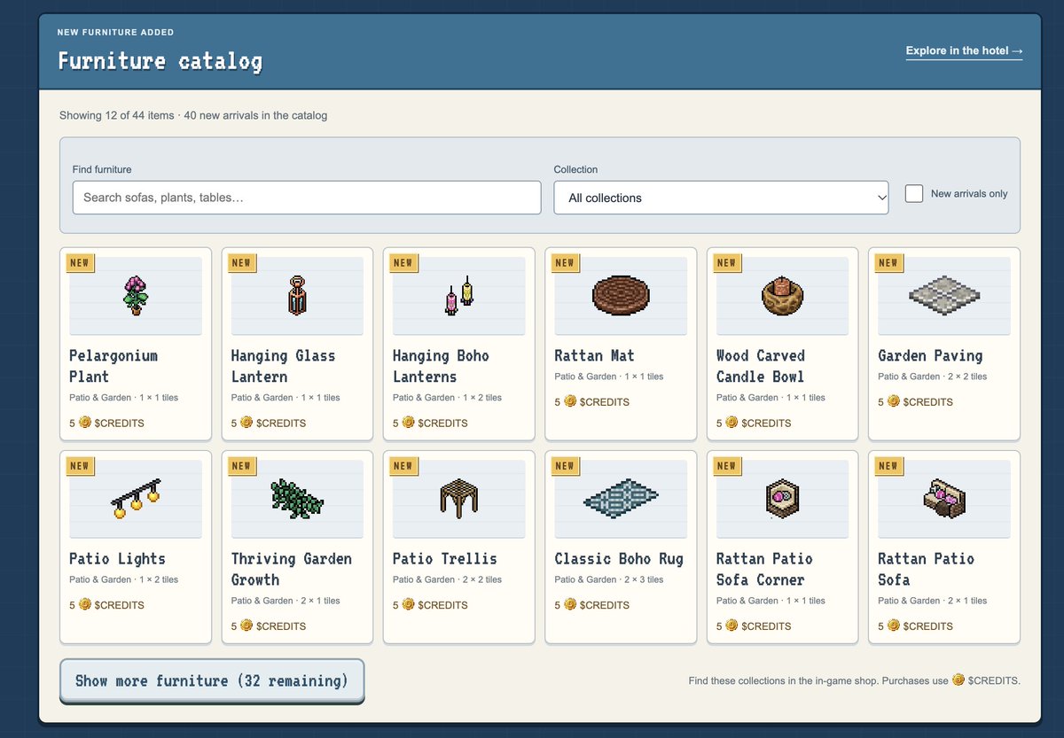ProjectHotelFun's tweet photo. you can now view the entire furni catalog from the landing page, credit furni is being added as well https://t.co/BZPdPZxdwh