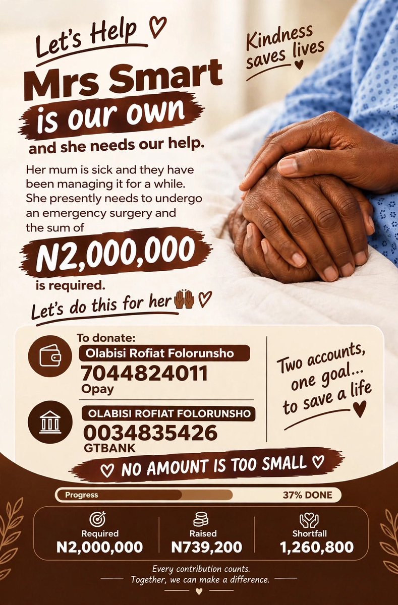 Sdhikrullahi's tweet photo. UPDATE: 37% DONE! 🙏

We've raised N739,200 out of N2M needed for Mrs Smart's mum emergency surgery. 

Thank you to everyone who donated and RT

Balance N1,260,800. Please help us close it. 

No amount too small. https://t.co/IXfZBo9DiR