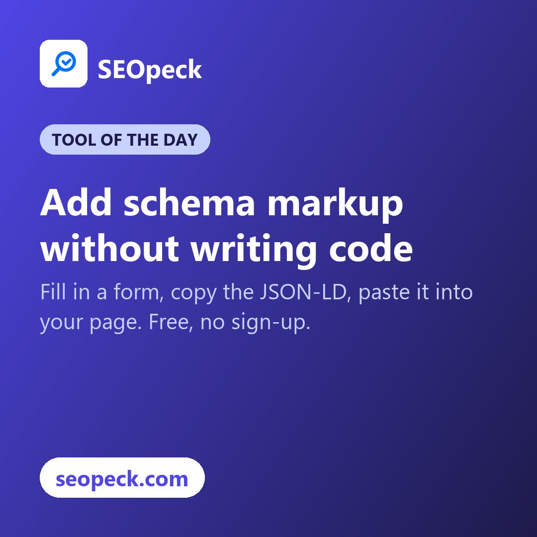 NadeemAkram035's tweet photo. Schema markup tells search engines what a page is: an article, a business, a breadcrumb trail.

It won't lift rankings by itself, but it can make a page eligible for rich results.

Build the JSON-LD free, no code needed: https://t.co/QYijeQNSex

#SEO #SchemaMarkup https://t.co/rgz0hdexil
