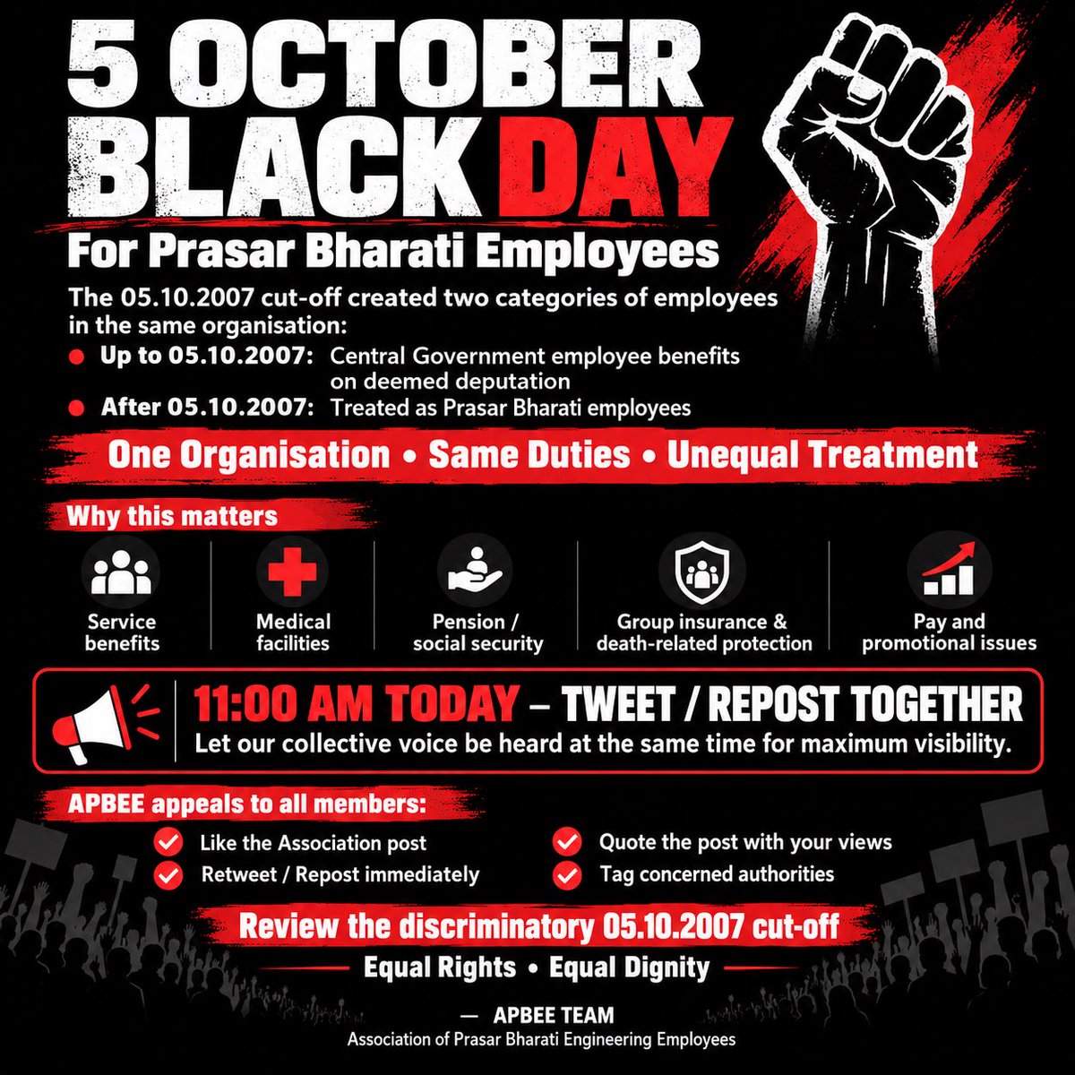 APBEE2018's tweet photo. ⚫ 5 OCTOBER — BLACK DAY FOR PRASAR BHARATI EMPLOYEES

5 October 2007 created a divide that continues to affect Prasar Bharati employees even today.

Employees recruited up to 05.10.2007 continued with the status/benefits available to Central Government employees on deemed deputation, while employees recruited after 05.10.2007 were treated as Prasar Bharati employees.

The result?

Same organisation.
Same posts.
Same duties.
Same responsibility towards the nation.
But different service conditions, protections and benefits.

What makes this distinction even more serious is that the statutory amendment was brought into force later, in 2012, while 05.10.2007 was adopted as the dividing cut-off. Employees who had already joined Prasar Bharati after 05.10.2007 but before the 2012 amendment also came within the post-cut-off category.

For post-05.10.2007 employees, this distinction has remained at the heart of several long-pending grievances relating to:

▪️ CGHS / medical facilities
▪️ Pension & social security
▪️ Group insurance / protection to families in case of death
▪️ Service benefits
▪️ Pay & promotional matters
▪️ Other welfare and employment protections

For many employees, important protections associated with Central Government service were either not continued or were made unavailable after this classification.

The question is simple:

How can employees serving the same national public broadcaster, working on comparable posts and performing comparable duties, continue to face different service conditions merely because they joined on different sides of one cut-off date?

This is not about one allowance.

This is not about one facility.

This is about the equality, dignity, medical security, social security and fair treatment of an entire generation of Prasar Bharati employees and their families.

APBEE therefore urges the Government of India, Ministry of Information & Broadcasting and Prasar Bharati to:

🔹 Review the 05.10.2007 cut-off
🔹 Address the disparities created by it
🔹 Restore equitable medical and social-security protection
🔹 Provide meaningful group insurance/death-related protection
🔹 Ensure fair and equal treatment of employees performing comparable duties

Today, 5 October, APBEE observes this day as a BLACK DAY and raises its collective voice against the continuing disparity arising from this cut-off.

✊ ONE ORGANISATION • ONE WORKFORCE
✊ SAME DUTIES • EQUAL RIGHTS
✊ EQUAL SECURITY • EQUAL DIGNITY

@AshwiniVaishnaw
@Murugan_MoS
@MIB_India
@GauravDwivedi95 
@DrJitendraSingh

#5OctoberBlackDay
#PrasarBharatiEmployees
#EqualRights
#EqualTreatment
#PrasarBharati
#Akashvani
#Doordarshan
#APBEE