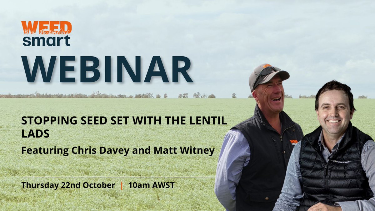 WeedSmartAU's tweet photo. Join our next webinar for practical strategies to stop broadleaf weed seed set in lentils, from now until harvest. 🚜

October 22nd, 10am AWST. Register now: https://t.co/dcpMEHcrrj https://t.co/yPdPbf5xlH