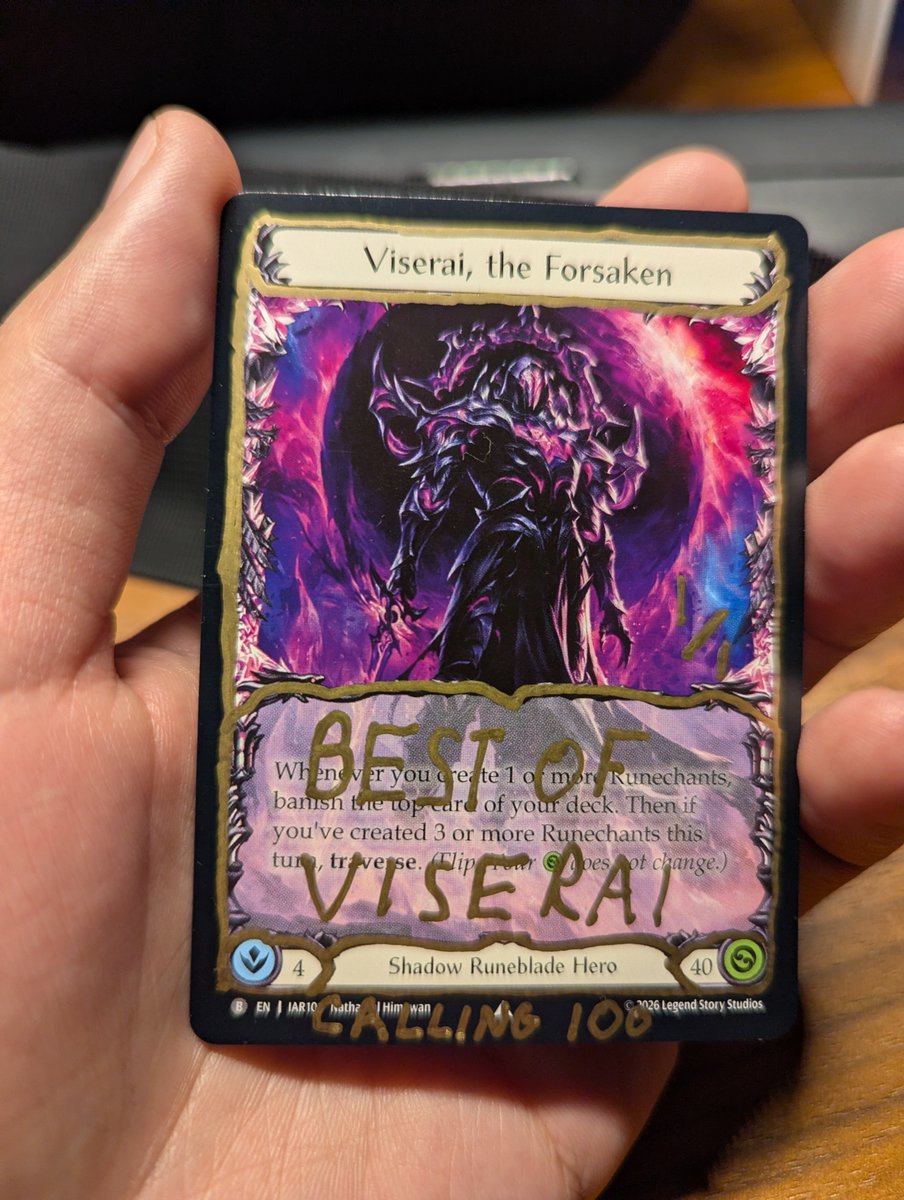 YukiLeeBender's tweet photo. Calling 100 was a landmark event and one I will always remember! Very proud of my performance on Viserai, coming in 46th as the only Vis to make day 2.

Got rewarded with this beautiful 1/1 Best of Viserai prize card. Open to offers starting at 10k USD, I know what I have
#fabtcg https://t.co/zmhaNVvNWa