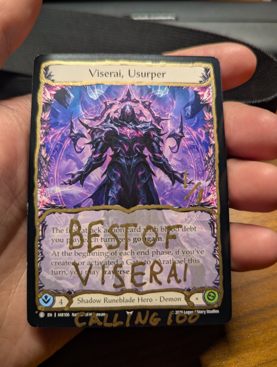 YukiLeeBender's tweet photo. Calling 100 was a landmark event and one I will always remember! Very proud of my performance on Viserai, coming in 46th as the only Vis to make day 2.

Got rewarded with this beautiful 1/1 Best of Viserai prize card. Open to offers starting at 10k USD, I know what I have
#fabtcg https://t.co/zmhaNVvNWa