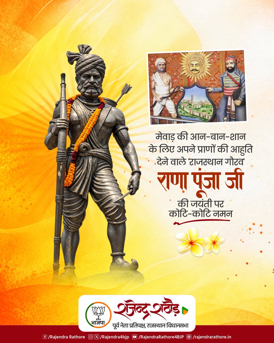 Rajendra4BJP's tweet photo. हल्दीघाटी युद्ध में अपने अदम्य साहस और शौर्य का परिचय देने वाले महान योद्धा एवं महाराणा प्रताप जी के अभिन्न सहयोगी राणा पूंजा जी की जयंती पर उन्हें कोटि-कोटि नमन।
#RanaPunja #राणा_पूंजा https://t.co/X6z4BhBKy8