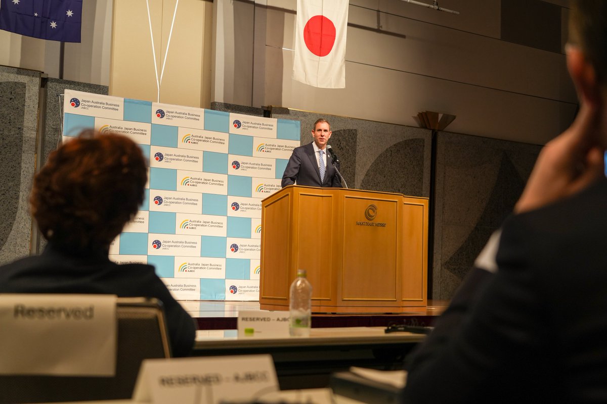 JEChalmers's tweet photo. Speaking in Tokyo today about the unique strengths that make Australia such an attractive investment destination.

Thanks to the Japanese and Australian business leaders I engaged with about boosting our economic security together.

Australia and Japan are close economic partners and trusting friends. 

Given all the economic uncertainty and volatility in the world, we are building even stronger ties to make the most of the big opportunities ahead of us.