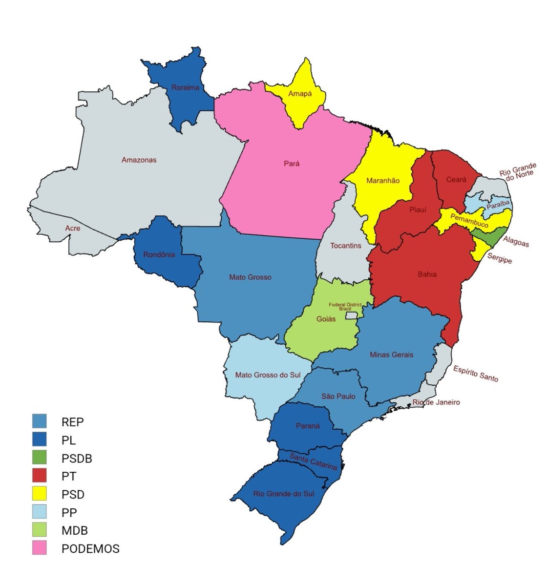 Arefsoid's tweet photo. 20 das 27 unidades federativas elegeram seus governadores no primeiro turno

RR — Arthur Henrique
AP — Dr. Antonio Furlan
PA — Dr. Daniel Santos
RO — Marcos Rogério
MT — Otaviano Pimenta
MS — Eduardo Riedel
GO — Daniel Vilela
MA — Eduardo Braide
PI — Rafael Fonteles
CE — Elmano de Freitas
PB — Lucas Ribeiro
PE — Raquel Lyra
AL — João Henrique Caldas
SE — Fábio Mitidieri
BA — Jerônimo Rodrigues
MG — Cleitinho Azevedo
SP — Tarcísio de Freitas 
PR — Sérgio Moro
SC — Jorginho de Melo
RS — Luciano Zucco

São 8 Governadores de Direita, 7 de centro-direita, 2 de Centro e 3 de Esquerda ao todo

Amazonas, Acre, Tocantins, Rio Grande do Norte, Rio de Janeiro, Distrito Federal e Espírito Santo irão para o segundo turno