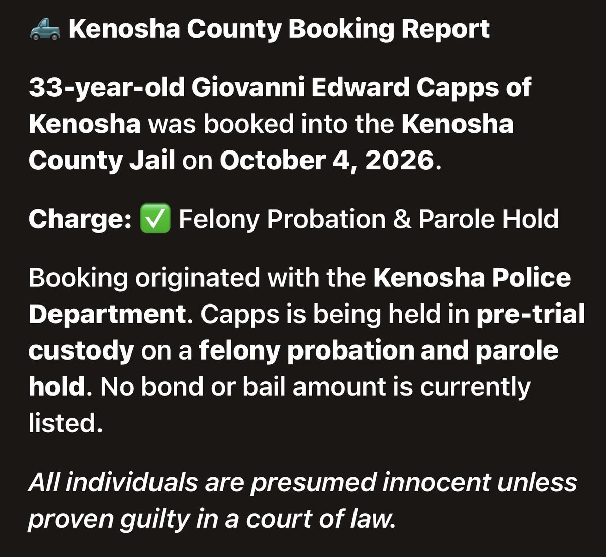 KenoshaRising's tweet photo. CAPPS, GIOVANNI EDWARD
✨⭐️✨⭐️✨⭐️✨⭐️✨⭐️✨

📍 #KenoshaCounty #KenoshaWI 🚔 #JailBooking 📰 #LocalNews ⚖️ #CommunityUpdate
👮‍♀️#KenoshaPD

https://t.co/JPoFAR2LNE https://t.co/5Tye77V7L0