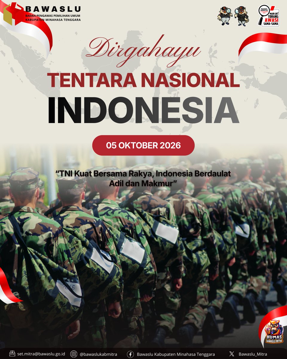 Bawaslu_mitra's tweet photo. 📷 Dirgahayu Tentara Nasional Indonesia!

81 tahun TNI mengabdi, menjaga kedaulatan, dan menjadi garda terdepan dalam menjaga keutuhan Negara Kesatuan Republik Indonesia.

#HUTTNI https://t.co/dKO4WP7UMq