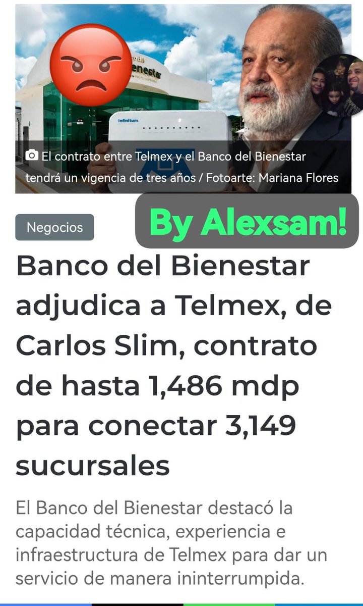 XALEXSAM's tweet photo. #CarlosSlim #ElFraude CON #LA4T 🌐💸 EL MITO DE CFE INTERNET Y EL NEGOCIAZO MILONARIO CON CARLOS SLIM

@Telmex  @TELMEXSoluciona  @Claudiashein  @PartidoMorenaMx @LuisaAlcalde  @A_MontielR 

A ver, que alguien me explique con números y lógica básica este descaro: #HDSPM

Llevamos 6 años escuchando en el discurso oficial que se le destinaron docenas de miles de millones de pesos a la Comisión Federal de Electricidad (CFE Telecomunicaciones e Internet para Todos) para construir una supuesta red digital de fibra óptica, pregonando a los cuatro vientos que el internet ya era gratis en todo el país y con capacidad de banda ancha.

¿Y cuál es la realidad operativa hoy en día?

Sale a la luz la adjudicación del Banco del Bienestar a Telmex (de Carlos Slim) por un contrato de hasta 1,486 millones de pesos (más de 1,800 MDP con IVA) para conectar 3,149 sucursales en todo el territorio nacional.

📉 LAS CONTRADICCIONES DEL DISCURSO:
6 Años de Mentiras Tecnológicas: Llevan 6 años jurando que CFE ya tenía la red digital de fibra óptica e infraestructura propia para darle internet gratis a todo México. Si tanto presumían esa capacidad, ¿por qué terminan pagándole 1,800 millones de pesos a un privado para conectar sus propias sucursales?

Pregonan Innovación, Compran al Monopolio: Hablan de supercomputadoras, autos eléctricos, soberanía satelital y semiconductores, pero a la hora de la verdad admiten que su red estatal no da el ancho y corren a contratar a la empresa de siempre (que ni siquiera es la mejor en servicio de internet).

El Enriquecimiento de la Elite Alineada: Antes de este régimen, la fortuna de este grupo rondaba los 60,000 millones de dólares; hoy ya ronda los 130,000 o 140,000 millones de dólares. ¿De dónde salió semejante salto financiero? De los contratos millonarios y las adjudicaciones del gobierno.

El Acoso Fiscal para Financiar los Contratos: Mientras al contribuyente el SAT lo trae cortito con algoritmos obsoletos para exprimirle hasta el último centavo, el dinero de los impuestos termina en los bolsillos de los empresarios alineados.

Ahí está la prueba contundente: 6 años presumiendo una red de CFE que no conecta ni a sus propios bancos. Puro cuento mediático pagado con el dinero de todos los contribuyentes.

By ALEXSAM – Criterio, Análisis Fiscal y Geopolítica sin Filtros. 

#ByAlexsam #ElCaballeroDeLaNoche #BancoDelBienestar #Telmex #CFEInternet #CarlosSlim #GastoPublico #SAT #sinfiltros

@senadomexicano  @Mx_Diputados  @hacienda_mx  @SATMX  @SCJN  @GobiernoMX  @SEGOB_mx