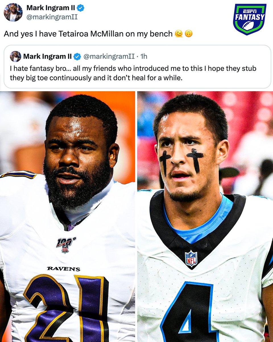 ESPNFantasy's tweet photo. Mark Ingram II is one of us now 😅

Left T-Mac's 45 fantasy points on the bench 😭 https://t.co/jXE2SoCCiH