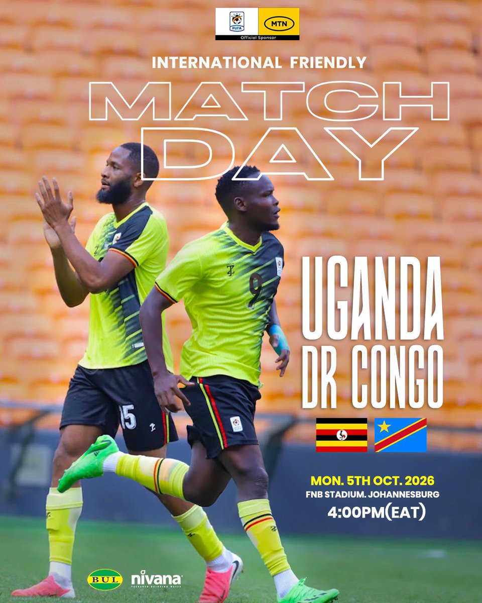 OfficialFUFA's tweet photo. It is match day in South Africa!

Uganda vs DR Congo
4:00 PM (EAT)

#UGACOD | #InternationalFriendly https://t.co/8Z2cRyVHcR