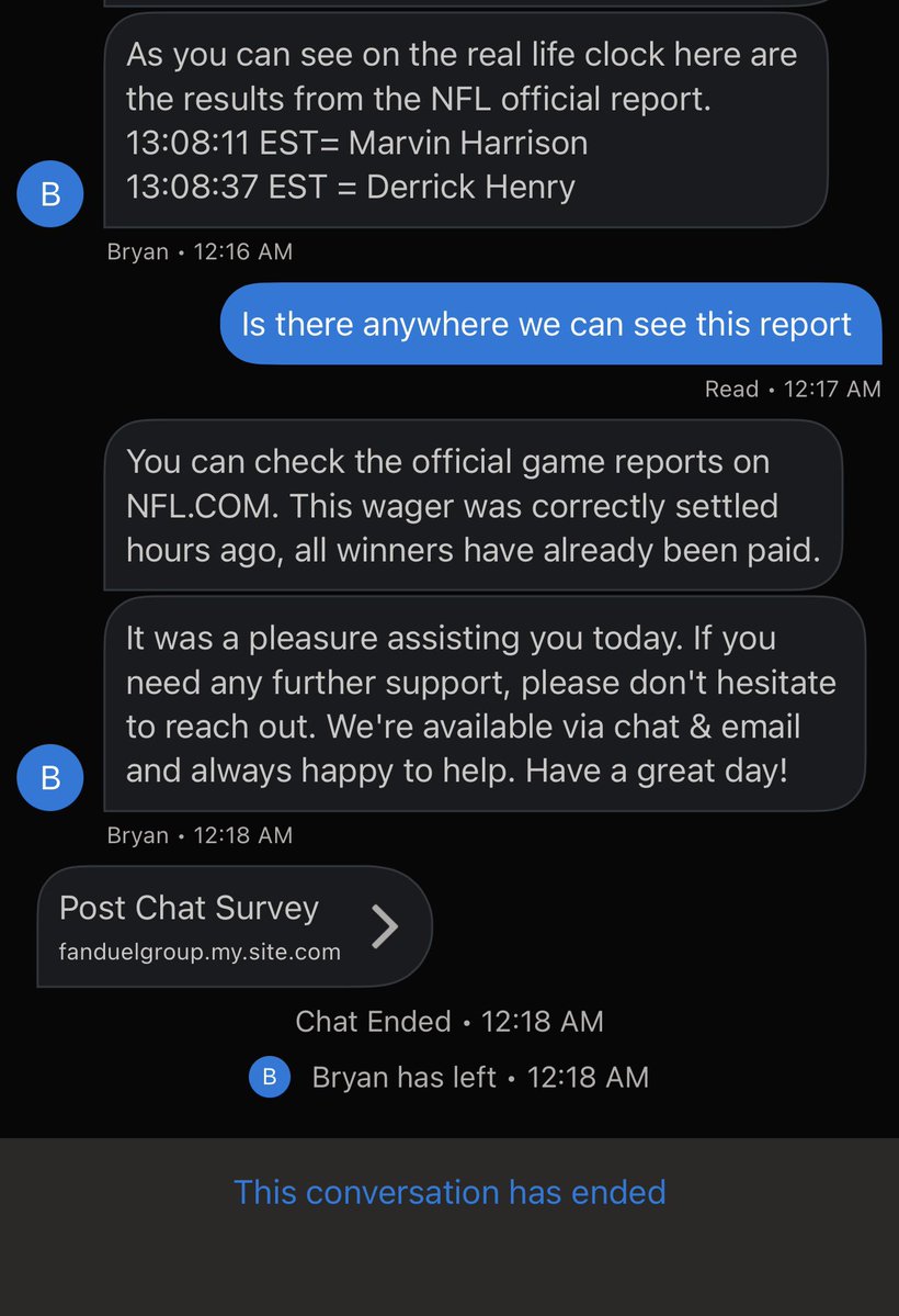 itsbigrodbitchh's tweet photo. @FanDuelSports @NFL @FanDuelSports @FanDuel_Support 
Where is this “real life official report” all we can see is game clock and on all sites it says Derrick scored first https://t.co/3op4lOoIOC