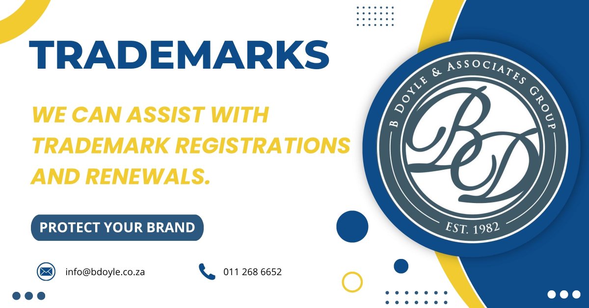 BdoyleGroupSA's tweet photo. #trademarks #trademarkregistrations #trademarkrenewals #protectyourbrand #cipc #besure #besmart #beprofessional #bdoyle https://t.co/IaS925QaQ2