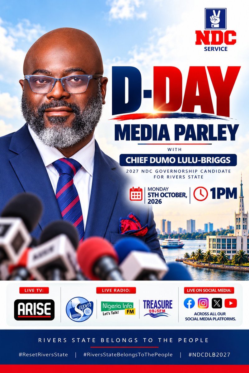 DumoLuluBriggs's tweet photo. D-DAY IS HERE! 🔥

Join me LIVE for the MEDIA PARLEY at 1PM on all the listed TV and radio channels, and across my social media handles.

Let’s Talk Rivers State.

#RiversStateBelongsToThePeople 
#ResetRiversState 
#NDCDLB2027 https://t.co/bsioJgX46K