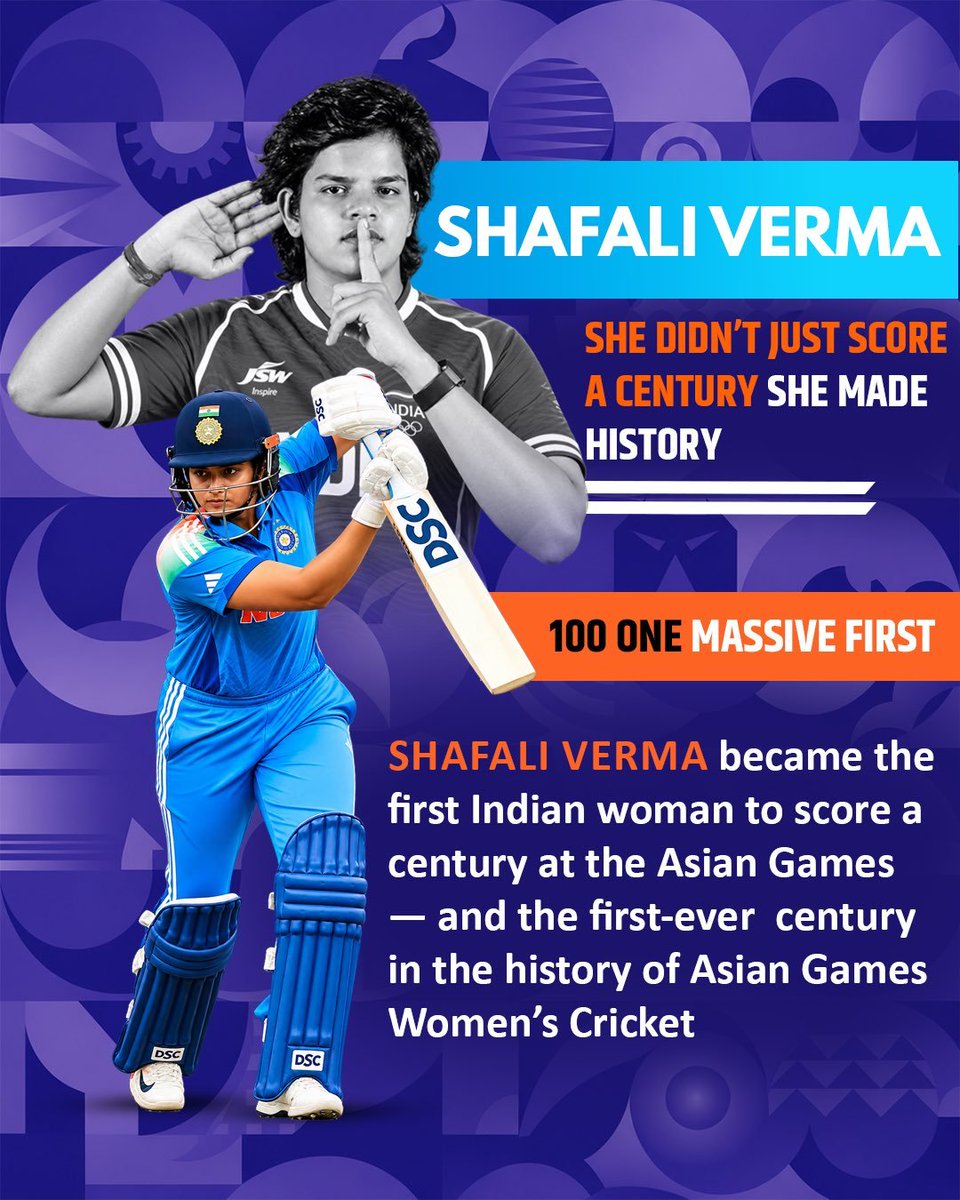 CBCNanded's tweet photo. 100 runs. One historic moment. And a whole lot of pride! Shafali Verma had made history as
the first Indian woman to score an Asian Games century. What a flex! 🇮🇳🔥
#BharatKiChampions https://t.co/QHIWPGuGpr