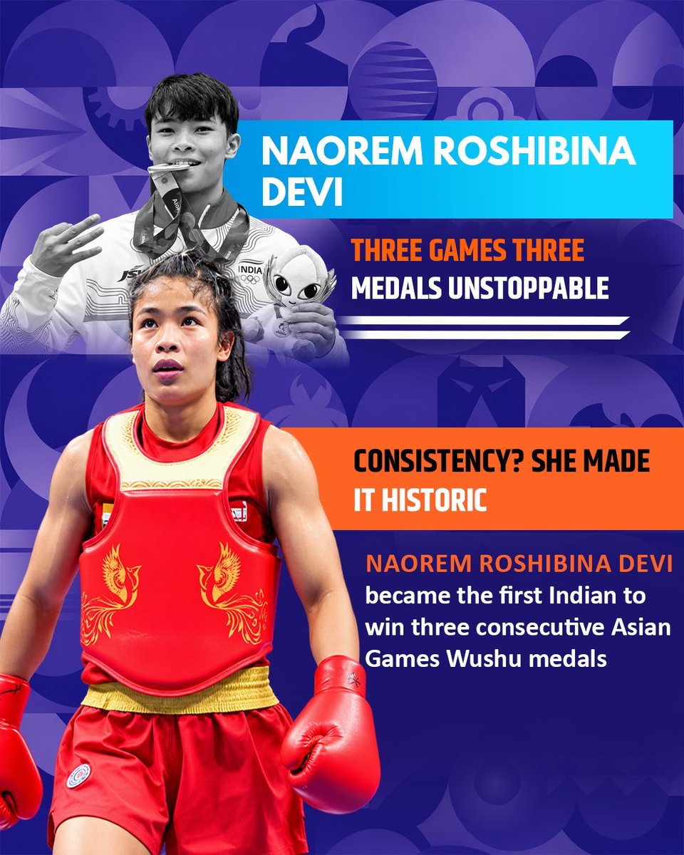 CBCNanded's tweet photo. Three Games. Three medals. Zero slowing down!
Naorem Roshibina Devi had become the first Indian to win three consecutive Asian Games Wushu medals. Consistency level: ICONIC. 🔥🇮🇳
#BharatKiChampions
@cbcmhgoa https://t.co/qXQhQX651F